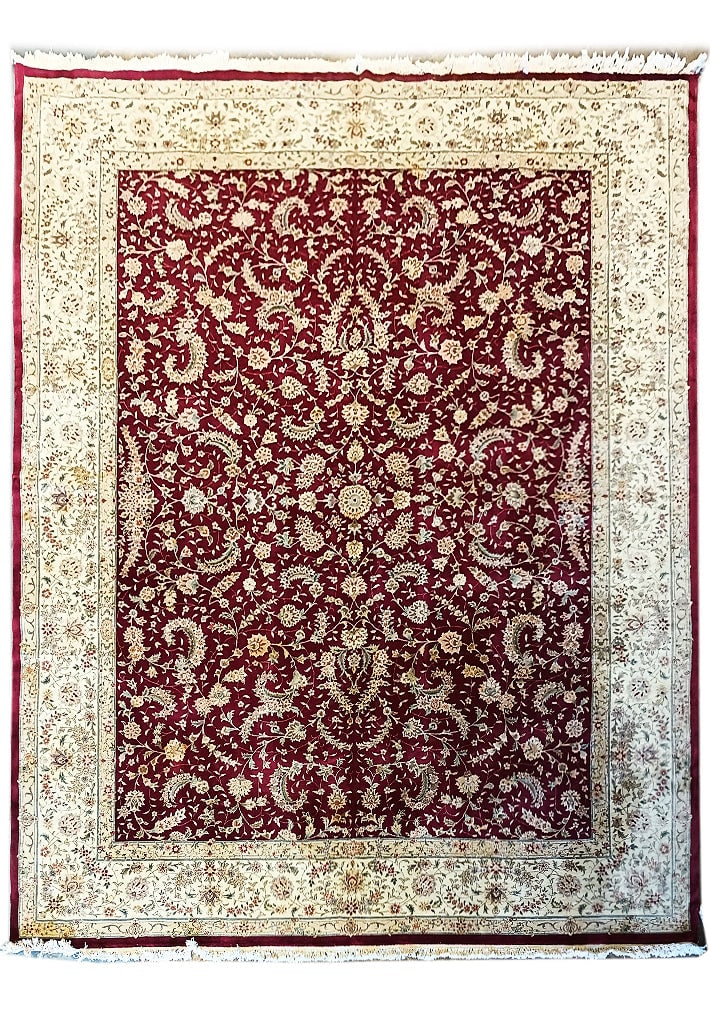 Hand-Knotted Tabriz Area Rug 11.9 x 14.11 Burgundy Wool Silk: Hand-Knotted Tabriz Area Rug 11.9 x 14.11 Burgundy Wool Silk This exquisite area rug measures 11'9" x 14'11" and features a beautiful blend of wool and silk for a luxurious feel underfoot. The rich bu