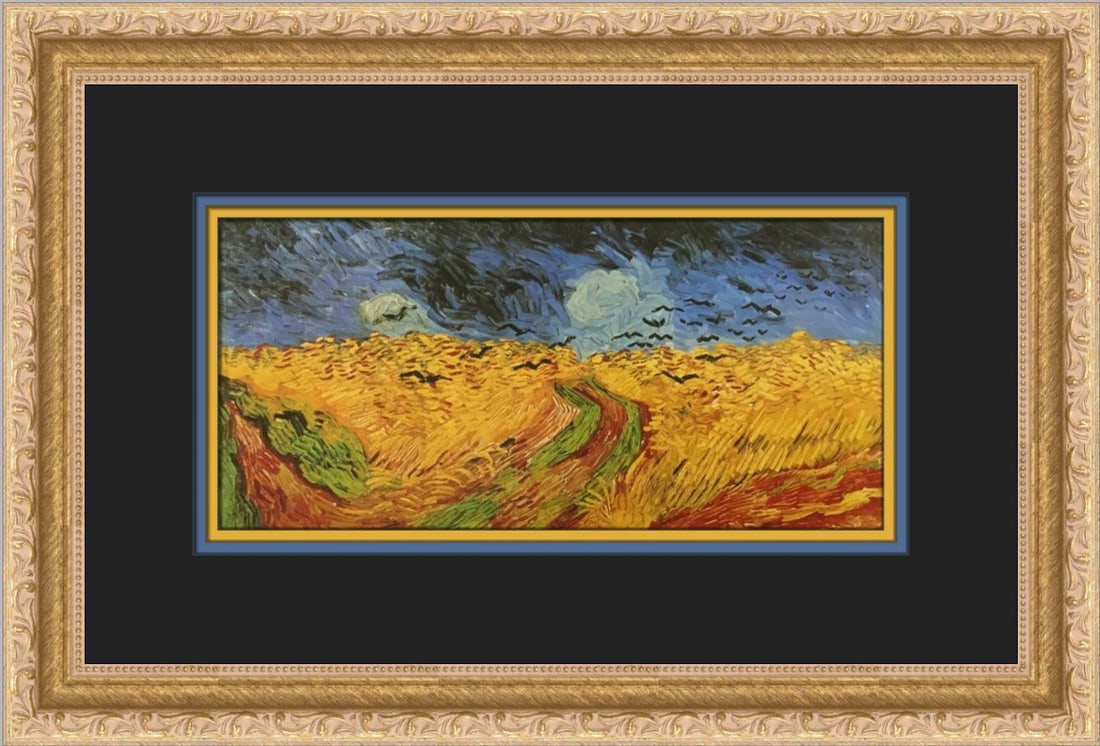 Vincent van Gogh Crows over a Wheat Field Offset Lithograph Print 1985: Vincent van Gogh Crows over a Wheat Field Offset Lithograph Print 1985 Presenting a stunning custom framed print of Vincent Van Gogh's iconic work, "Crows over a Wheat Field." This medium-sized art pi