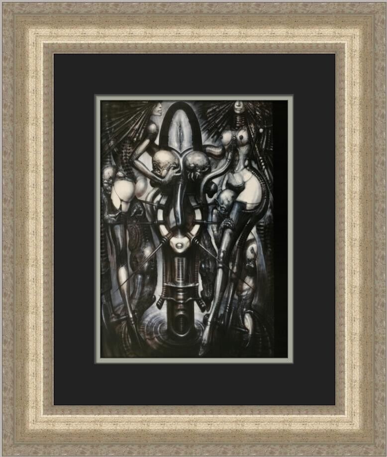 H.R. Giger Witches' Dance Print - Framed & Matted: H.R. Giger Witches' Dance Print - Framed & Matted This stunning custom framed print titled "Witches' Dance" by renowned artist H.R. Giger showcases the intricate beauty of fantasy surrealism. Measurin