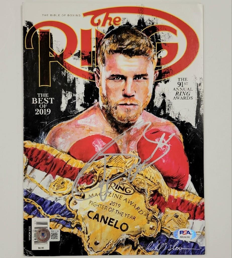 Canelo Alvarez Signed Ring Magazine Beckett Authenticated Boxing Collectible: Canelo Alvarez Signed Ring Magazine Beckett Authenticated Boxing Collectible This is an original signed edition of The Ring Magazine featuring Saul Canelo Alvarez. The magazine includes a depiction of