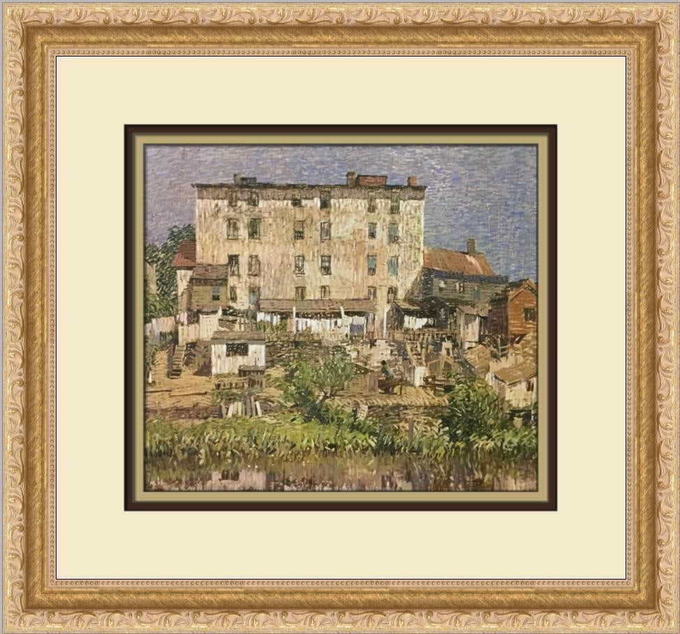 Robert Spencer Offset Lithograph Print White Tenements Framed: Robert Spencer Offset Lithograph Print White Tenements Framed This exquisite custom framed print titled "White Tenements" by artist Robert Spencer showcases a stunning impressionist landscape. Created