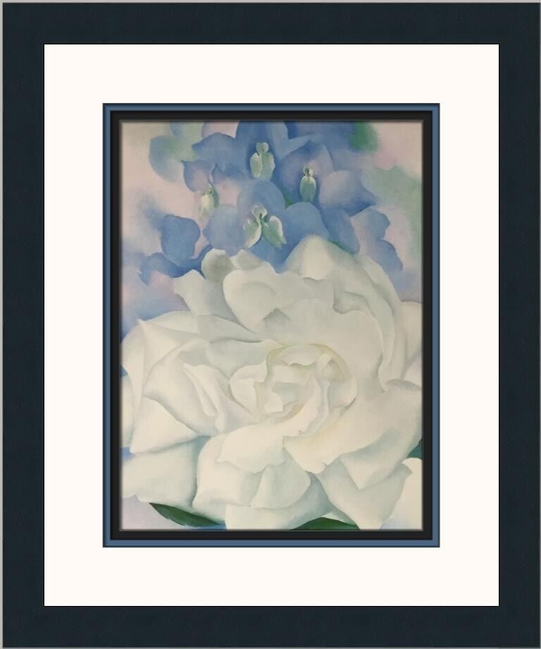 Georgia O'Keeffe White Rose with Blue Larkspur No.2 Print: Georgia O'Keeffe White Rose with Blue Larkspur No.2 Print This stunning custom framed print features Georgia O'Keeffe's renowned artwork titled "White Rose with Blue Larkspur No.2". Created in 1987, t