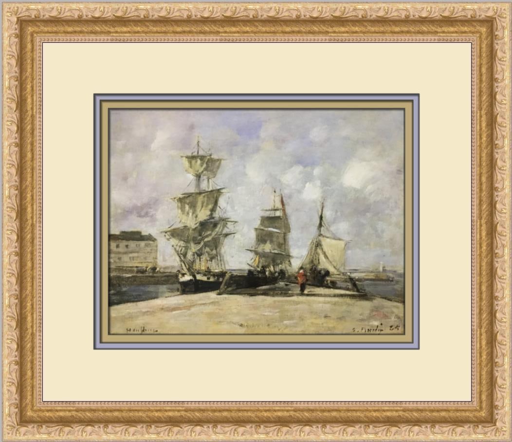 Framed Offset Lithograph Print by Louise Boudin - Harbor at Hon Fleur: Framed Offset Lithograph Print by Louise Boudin - Harbor at Hon Fleur This stunning medium-sized print titled "Harbor at Hon Fleur" by artist Louise Eugene Boudin showcases an impressionistic harbor s
