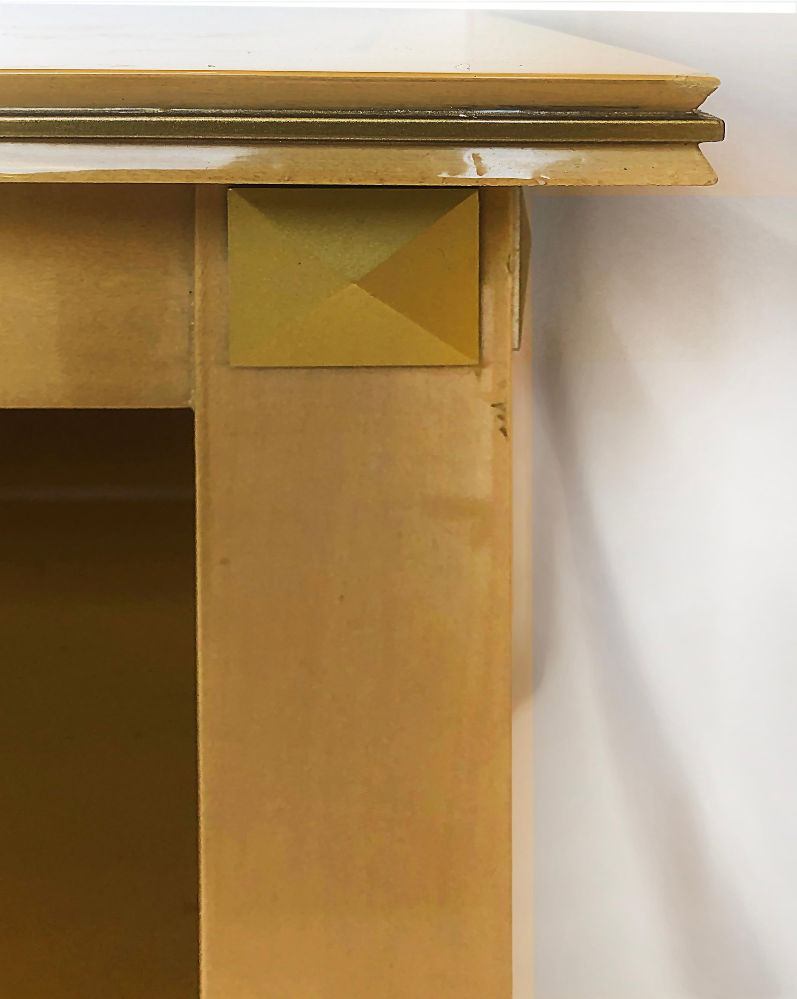 Andre Arbus Style Modern Birch Brass Lacquered Console Table: Andre Arbus Style Modern Birch Brass Lacquered Console Table This striking console table features a modern design reminiscent of the iconic style of Andre Arbus, crafted from lacquered birch wood with
