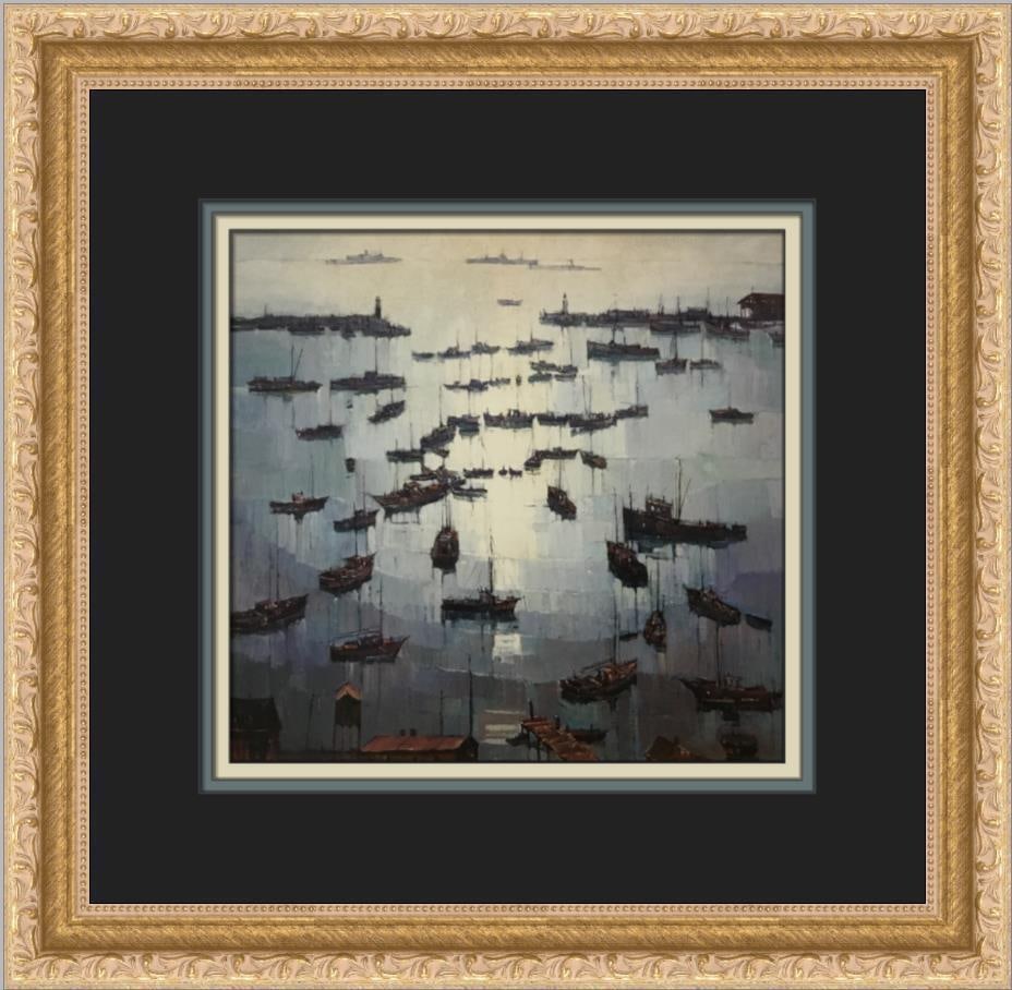 Paul Sample Inner Harbor Offset Lithograph Print Framed: Paul Sample Inner Harbor Offset Lithograph Print Framed This exquisite custom framed print titled "Inner Harbor" by artist Paul Sample captures the serene beauty of a harbor filled with boats, showcas