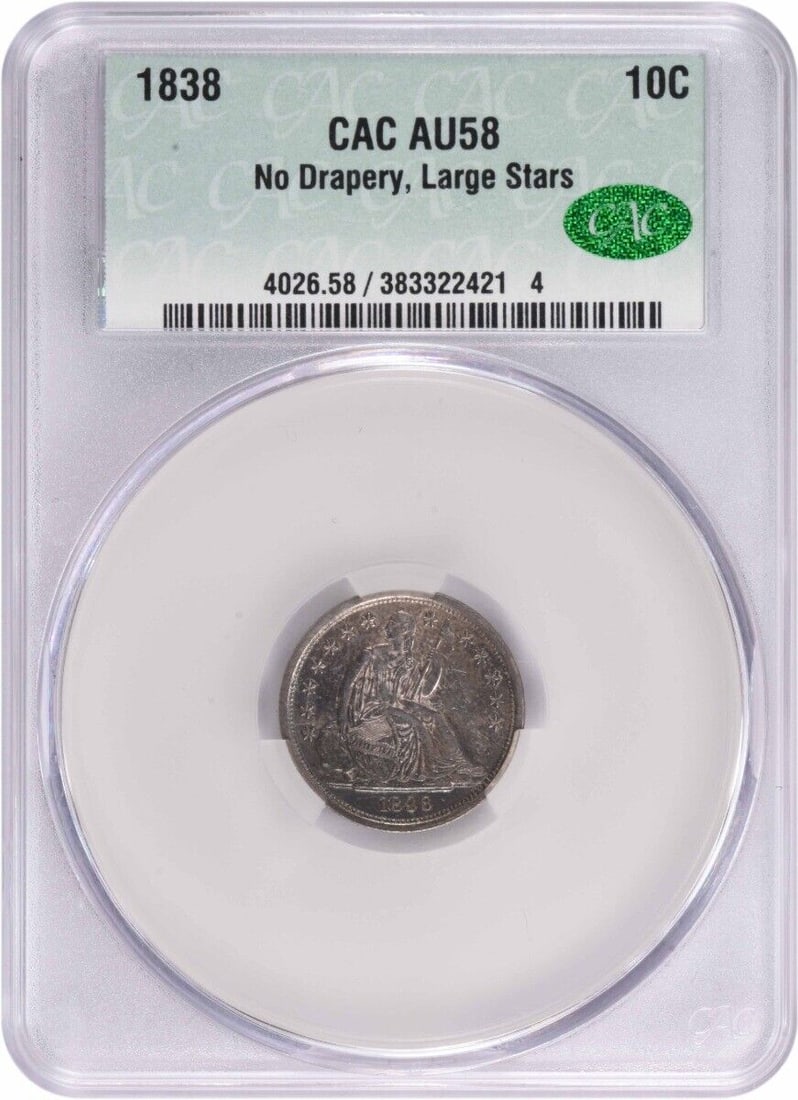 1838 Liberty Seated Silver Dime AU58 CACG: 1838 Liberty Seated Silver Dime AU58 CACG This 1838 Liberty Seated Silver Dime showcases the intricate design by Thomas Sully and Christian Gobrecht. Graded AU58 by CACG, this coin features no drapery