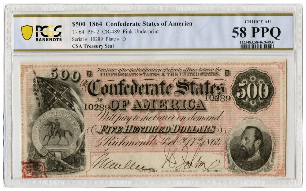 1864 $500 Confederate Banknote Light Pink Underprint Uncertified: 1864 $500 Confederate Banknote Light Pink Underprint Uncertified This is a pre-owned 1864 Confederate States of America $500 banknote, featuring a light pink underprint and a CSA treasury seal. The no