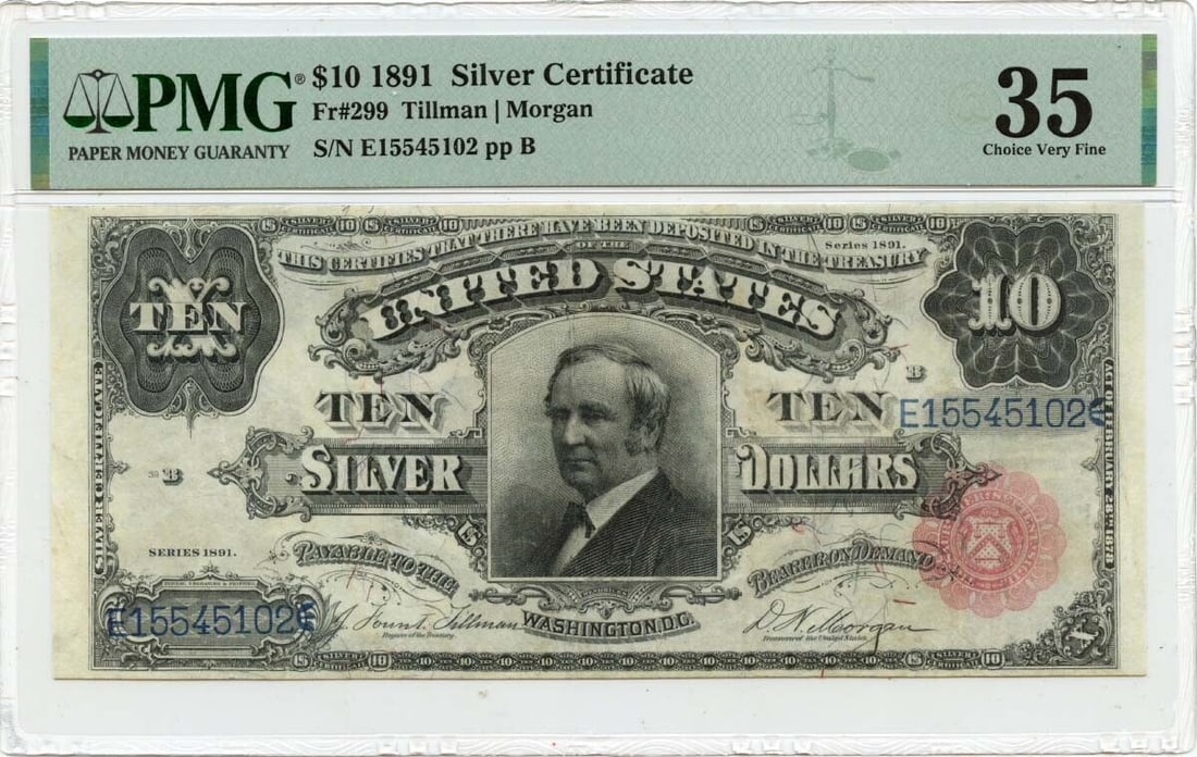 1891 $10 Silver Certificate PMG VF35 Robert Morris Portrait: 1891 $10 Silver Certificate PMG VF35 Robert Morris Portrait This 1891 $10 Silver Certificate is a remarkable piece of currency featuring a portrait of Robert Morris. It is graded as VF35 by PMG, indic