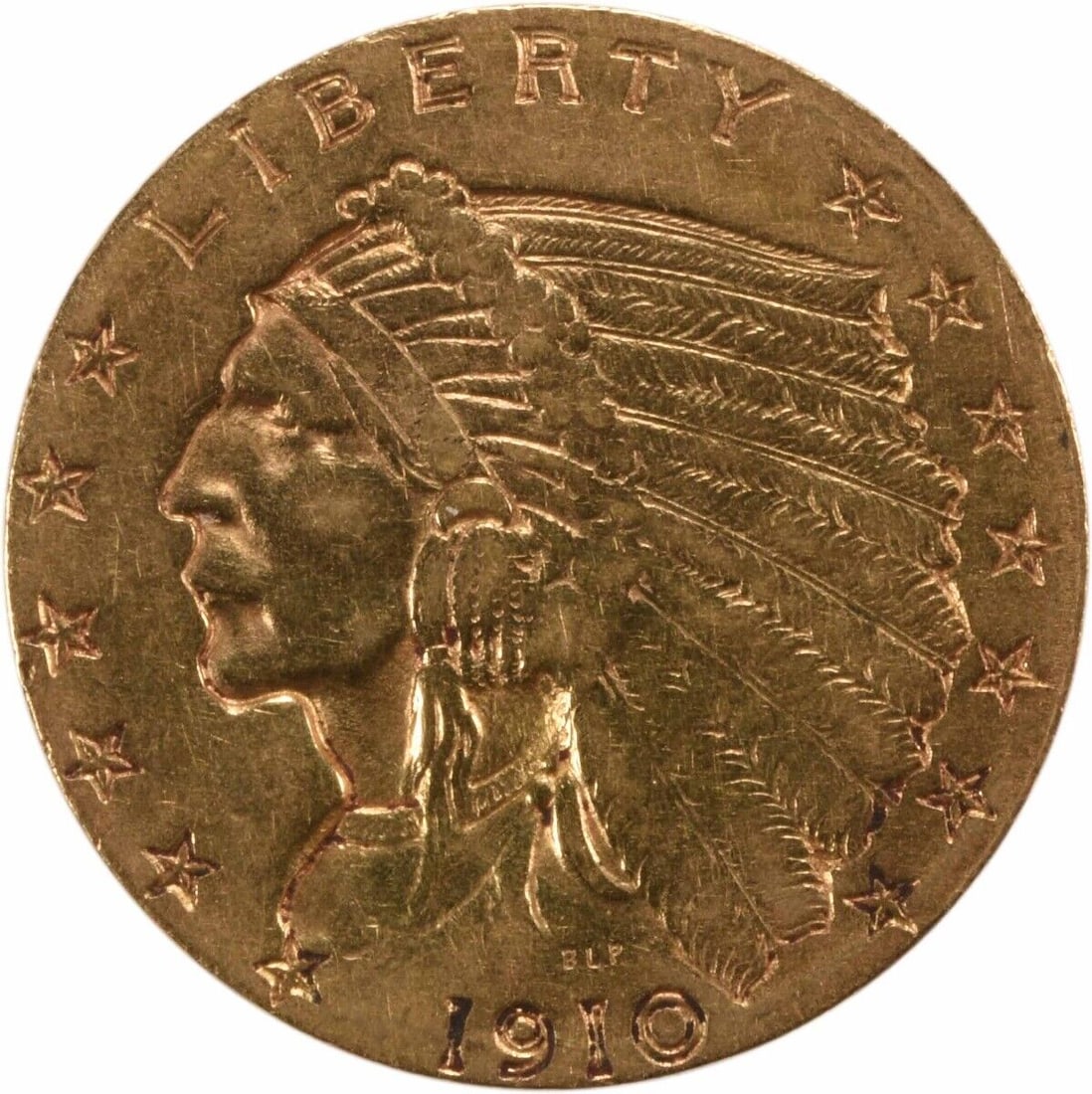 1910 $2.50 Gold Indian XF Circulated: 1910 $2.50 Gold Indian XF Circulated This 1910 $2.50 Gold Indian coin showcases the iconic design by Bela Lyon Pratt, featuring a detailed profile of a Native American adorned with a feathered headdre