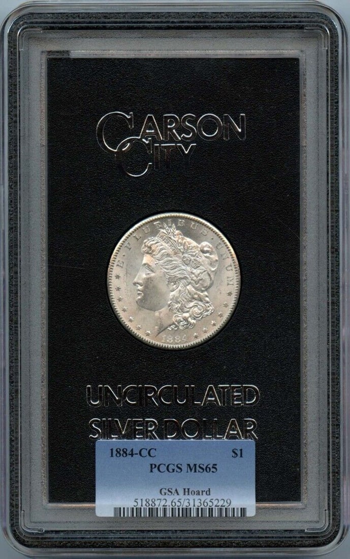 1884-CC $1 Morgan Dollar PCGS MS65 Uncirculated: 1884-CC $1 Morgan Dollar PCGS MS65 Uncirculated This stunning 1884-CC Morgan Dollar is an uncirculated coin, certified by PCGS with a grade of MS65. Minted in Carson City, this silver dollar is a rema