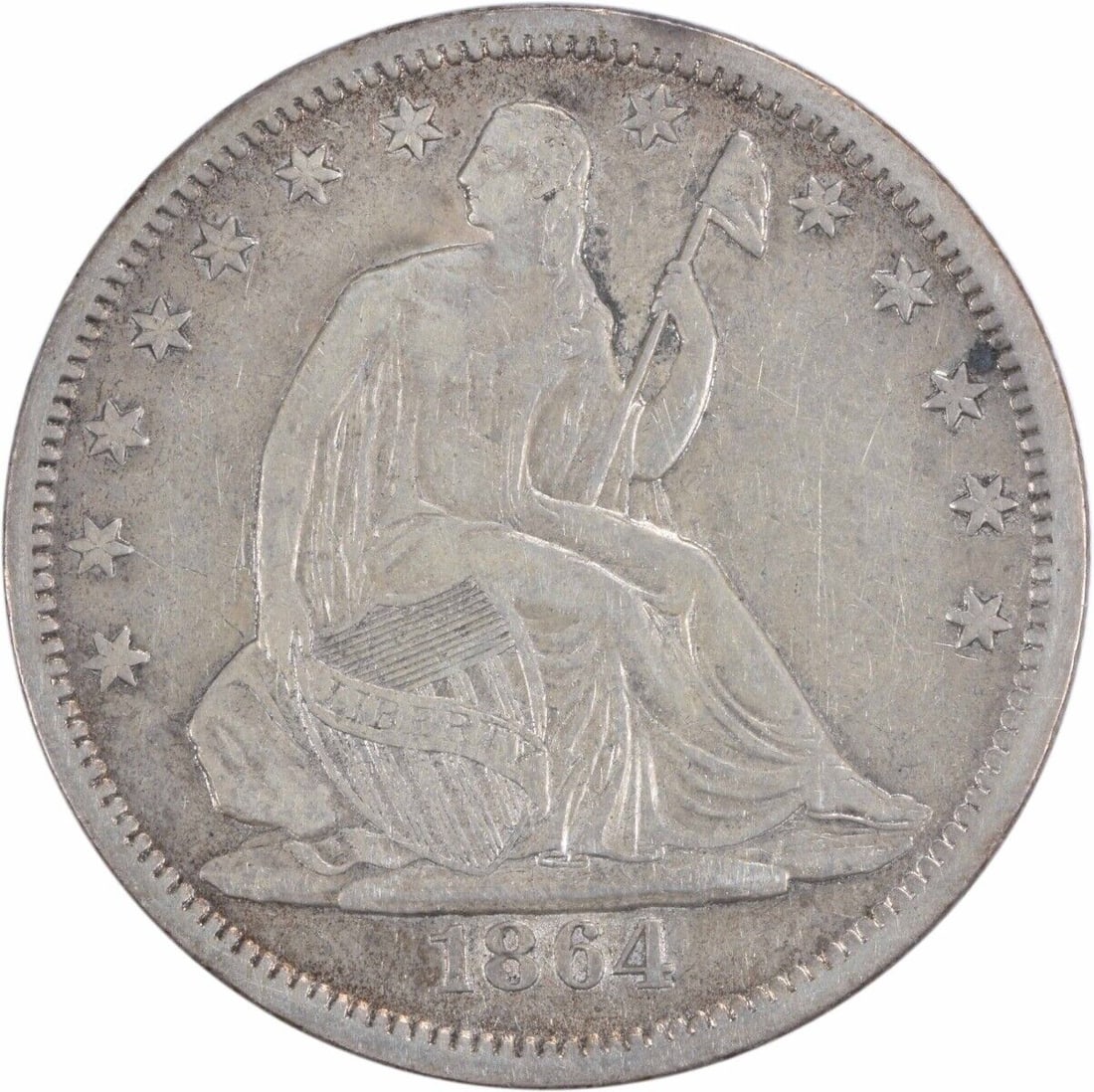 1864-S Liberty Seated Silver Half Dollar XF Circulated: 1864-S Liberty Seated Silver Half Dollar XF Circulated This 1864-S Liberty Seated Silver Half Dollar showcases the exquisite design by Thomas Sully and Christian Gobrecht. With a composition of 90% si