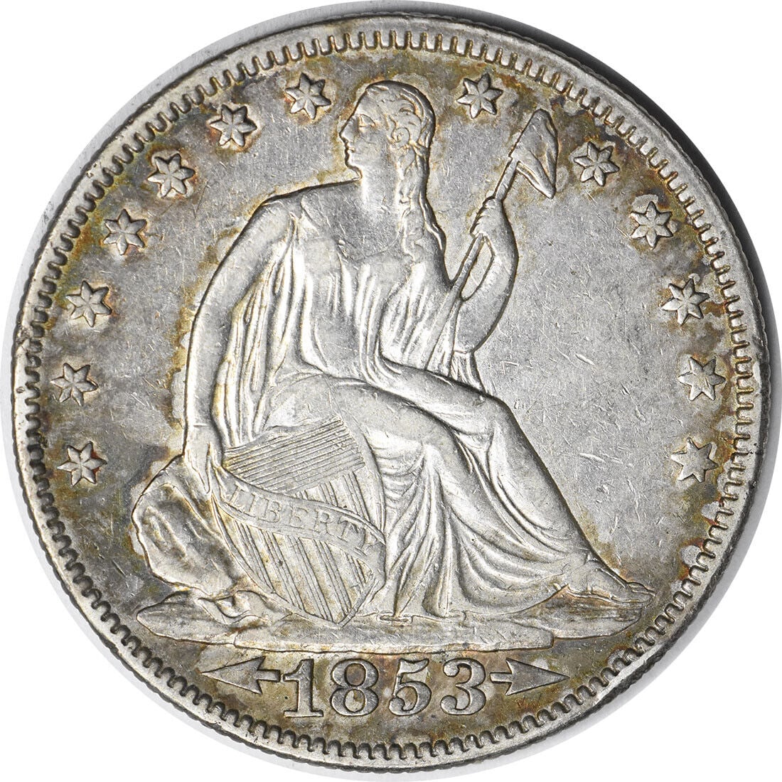 1853 Liberty Seated Silver Half Dollar Circulated XF: 1853 Liberty Seated Silver Half Dollar Circulated XF This exquisite 1853 Liberty Seated Silver Half Dollar showcases the artistry of designers Thomas Sully and Christian Gobrecht. Struck at the Philad