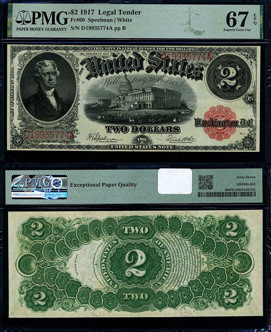 1917 $2 Legal Tender Note PMG 67 EPQ Uncirculated Superb Gem: 1917 $2 Legal Tender Note PMG 67 EPQ Uncirculated Superb Gem This 1917 $2 Legal Tender note is a remarkable piece of currency history, graded as a Superb Gem with a PMG certification of 67 EPQ. It fea