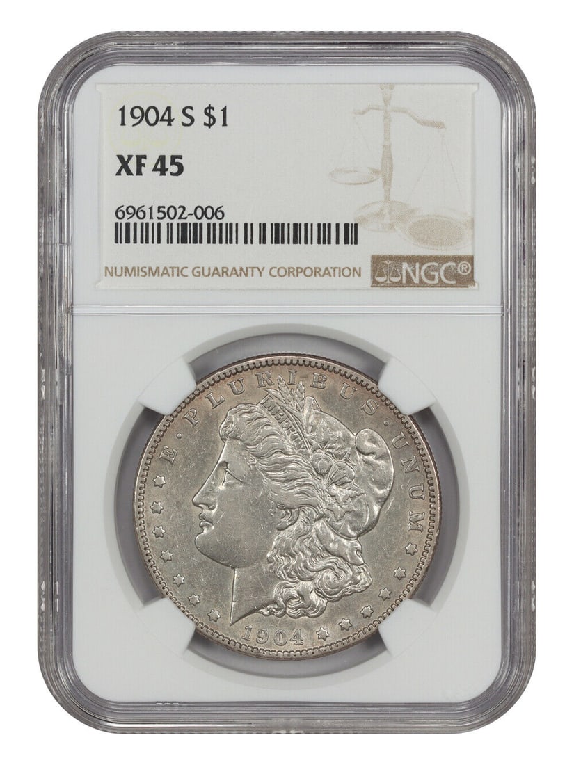 1904-S Morgan Dollar XF45 NGC Certified Key Date Silver Coin: 1904-S Morgan Dollar XF45 NGC Certified Key Date Silver Coin This 1904-S Morgan Dollar is a key date coin from the San Francisco mint, graded XF45 by NGC. It features the classic design of the Morgan 