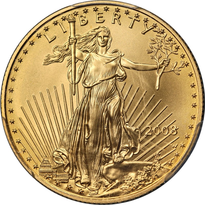 2008-W Gold American Eagle Coin SP70 PCGS Certified 0.9167 Fineness: 2008-W Gold American Eagle Coin SP70 PCGS Certified 0.9167 Fineness This stunning 2008-W Gold American Eagle coin is certified by PCGS with a perfect grade of SP70, making it a remarkable addition for