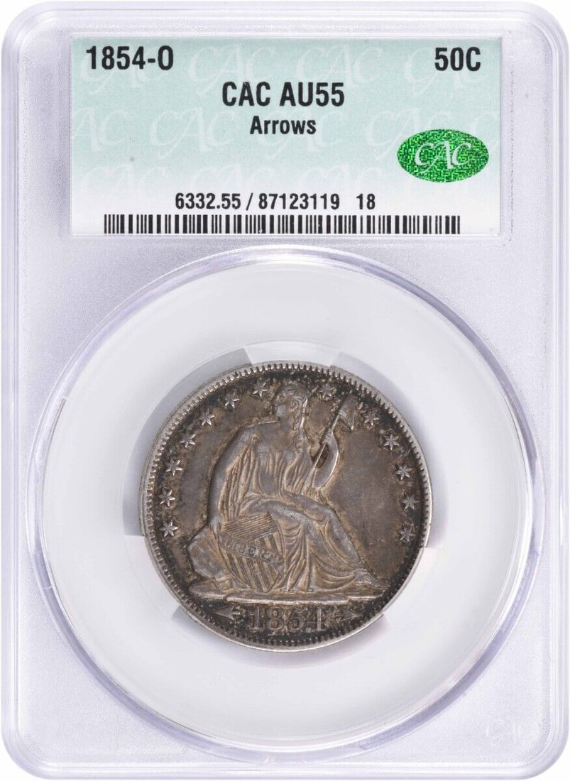 1854-O Liberty Seated Silver Half Dollar AU55 30.60mm Circulated: 1854-O Liberty Seated Silver Half Dollar AU55 30.60mm Circulated This 1854-O Liberty Seated Silver Half Dollar showcases the iconic design by Thomas Sully and Christian Gobrecht, featuring arrows. Gra
