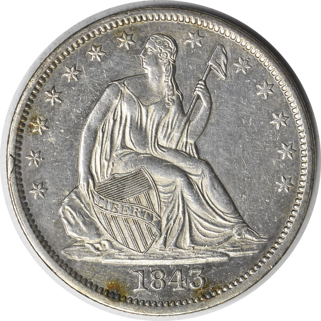 1843-O Liberty Seated Half Dollar AU Circulated Uncertified: 1843-O Liberty Seated Half Dollar AU Circulated Uncertified This 1843-O Liberty Seated Half Dollar is a remarkable piece of history, showcasing the artistry of designers Thomas Sully and Christian Gob