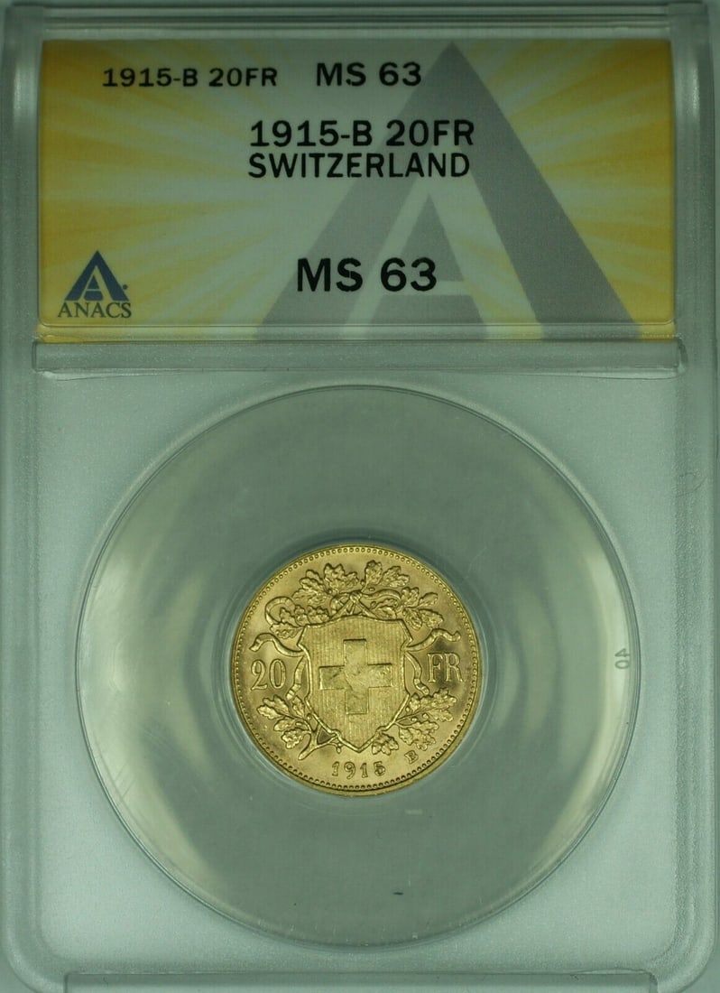 1915-B Switzerland 20 Franc Gold Coin ANACS MS 63 Minted B: 1915-B Switzerland 20 Franc Gold Coin ANACS MS 63 Minted B This stunning 1915-B Switzerland 20 Francs Gold Coin is certified by ANACS and graded MS 63. Crafted from high-quality gold, this coin repres