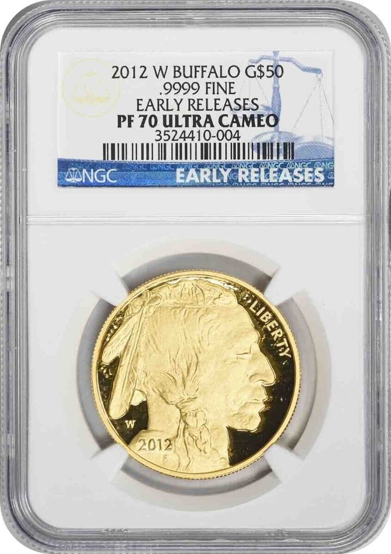 2012 American Buffalo Gold Coin Proof PR70 NGC: 2012 American Buffalo Gold Coin Proof PR70 NGC This stunning 2012-W $50 American Gold Buffalo coin is an exquisite proof specimen, graded PF70 Ultra Cameo by NGC. Featuring a remarkable fineness of 0.