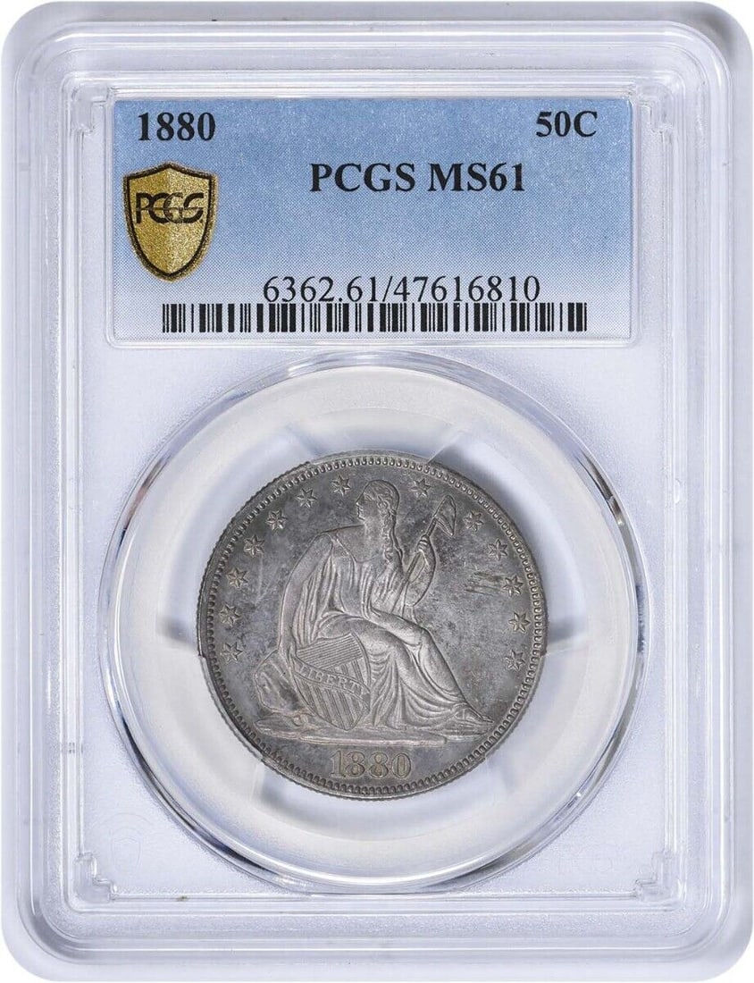 1880 Liberty Seated Silver Half Dollar MS61 Uncirculated: 1880 Liberty Seated Silver Half Dollar MS61 Uncirculated This 1880 Liberty Seated Silver Half Dollar boasts a striking design by Thomas Sully and Christian Gobrecht. It is graded MS61 by PCGS, indicat