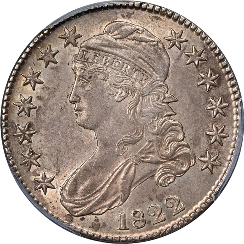1822 Silver Bust Half Dollar PCGS AU Details Circulated: 1822 Silver Bust Half Dollar PCGS AU Details Circulated This 1822 Bust Half Dollar showcases a stunning profile of a woman adorned in a headscarf, complemented by the inscription 'LIBERTY' and surroun