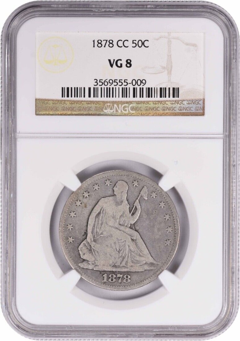 1878-CC Seated Liberty Half Dollar VG Circulated NGC: 1878-CC Seated Liberty Half Dollar VG Circulated NGC This 1878-CC Liberty Seated Silver Half Dollar features a beautiful design by Thomas Sully and Christian Gobrecht, showcasing a seated figure on th