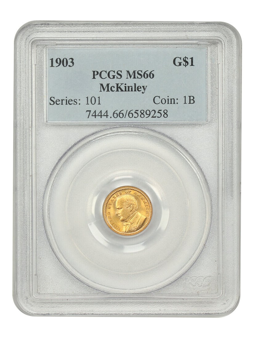 1903 McKinley G$1 Gold Coin MS66 Uncirculated PCGS Classic Commemorative: 1903 McKinley G$1 Gold Coin MS66 Uncirculated PCGS Classic Commemorative This 1903 McKinley Gold Dollar Coin is a stunning example of classic commemorative currency, graded MS66 by PCGS, ensuring its 