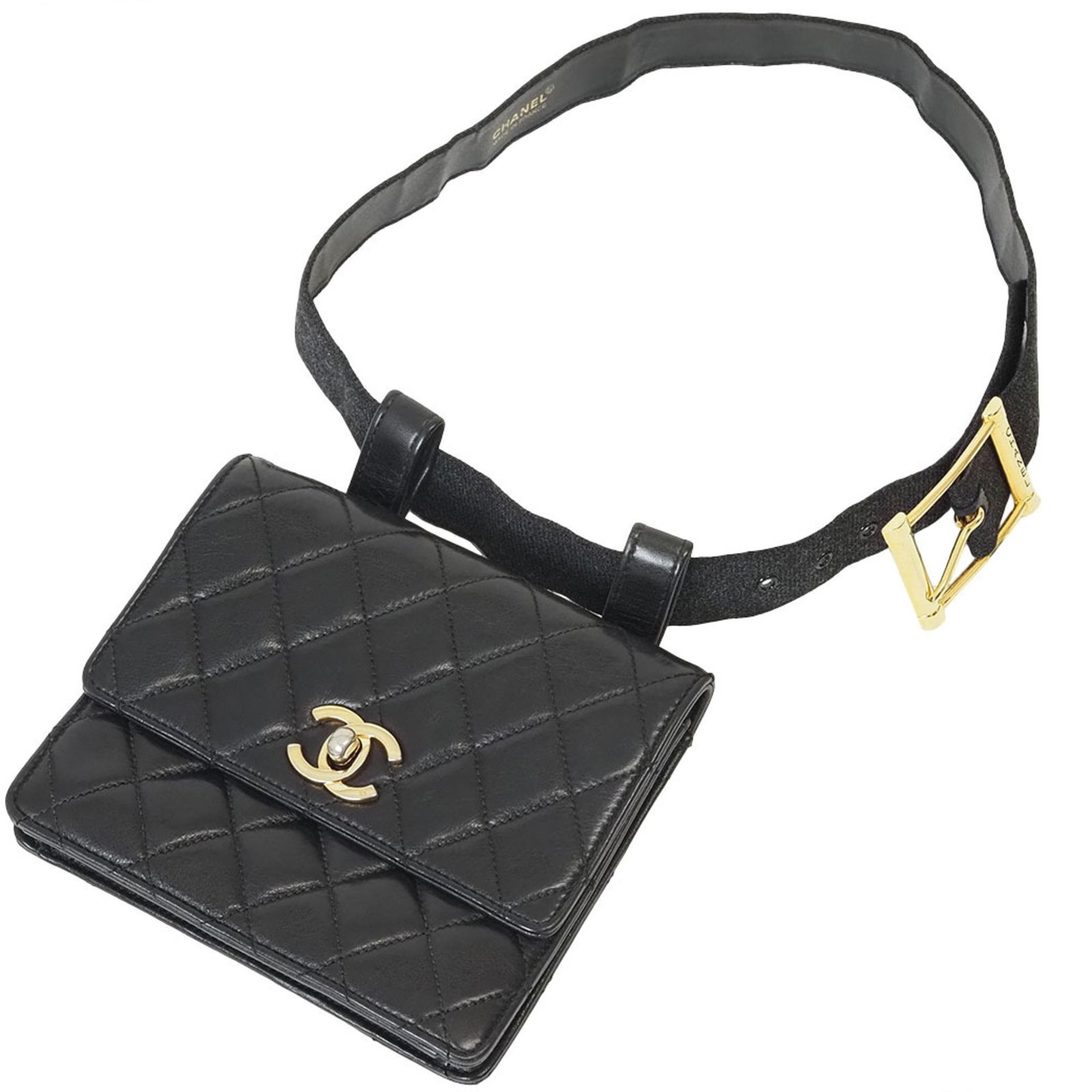 Chanel Black Lambskin Matelasse Fanny Pack with Turn Lock: Chanel Black Lambskin Matelasse Fanny Pack with Turn Lock This Chanel Matelasse Waist Bag 70 is a stylish fanny pack crafted from luxurious lambskin leather in a classic black color. Designed for wome