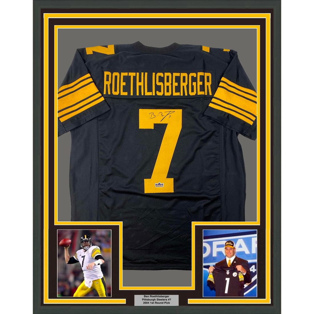Framed Black Jersey 33x42 Ben Roethlisberger XL Steelers: Framed Black Jersey 33x42 Ben Roethlisberger XL Steelers This impressive framed display showcases a black Pittsburgh Steelers jersey featuring the name 'Roethlisberger' and the number '7'. Accompanied