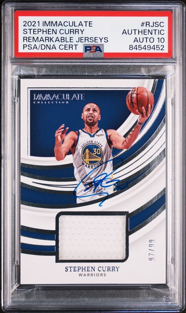 2021 Immaculate Stephen Curry Signed Remarkable Jerseys Card AUTO 10 PSA S: 2021 Immaculate Stephen Curry Signed Remarkable Jerseys Card AUTO 10 PSA S This 2021 Immaculate Collection basketball trading card features Stephen Curry of the Golden State Warriors. It showcases an 