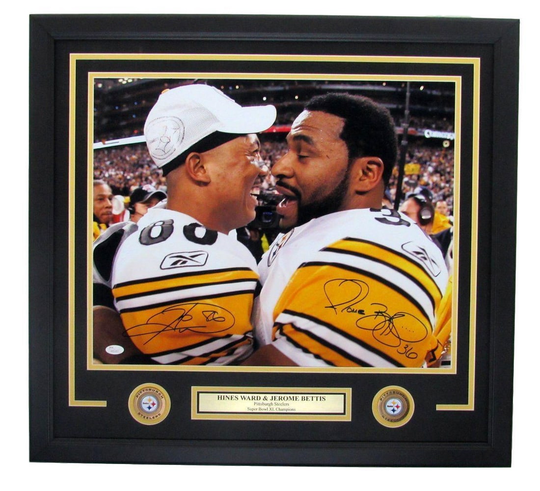 Hines Ward & Jerome Bettis Steelers Autographed 16x20 Photo JSA: Hines Ward & Jerome Bettis Steelers Autographed 16x20 Photo JSA This is an original framed 16x20 photo featuring Hines Ward and Jerome Bettis, two celebrated players of the Pittsburgh Steelers. The ph
