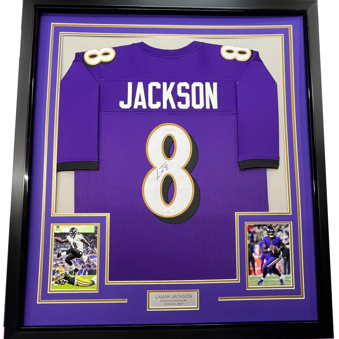 Framed Autographed Lamar Jackson 33x42 Baltimore Ravens Purple Jersey JSA COA: Framed Autographed Lamar Jackson 33x42 Baltimore Ravens Purple Jersey JSA COA Celebrate your fandom with this stunning framed autographed jersey of Lamar Jackson, the talented quarterback of the Balti