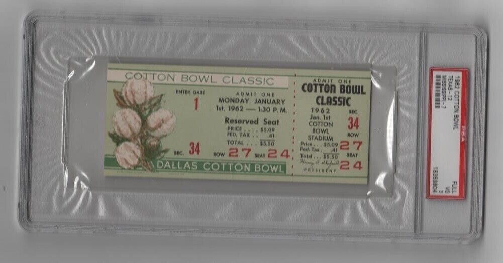 1962 Cotton Bowl Full Ticket Texas Longhorns vs Ole Miss Rebels Original: 1962 Cotton Bowl Full Ticket Texas Longhorns vs Ole Miss Rebels Original This is an original 1962 Cotton Bowl full ticket featuring the matchup between the Texas Longhorns and the Ole Miss Rebels. It 