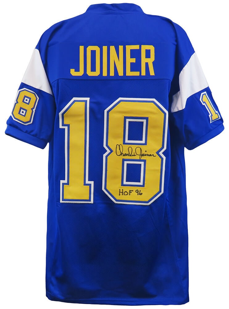 Charlie Joiner Signed Navy Custom Football Jersey w/HOF'96: Charlie Joiner Signed Navy Custom Football Jersey w/HOF'96 This navy custom football jersey is a fantastic collectible for fans of the Los Angeles Chargers and Hall of Famer Charlie Joiner. The jersey