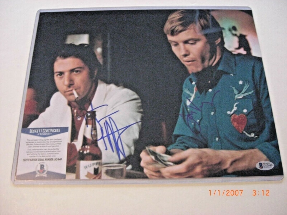 Dustin Hoffman & Jon Voight Midnight Cowboy Signed 11x14 Photo: Dustin Hoffman & Jon Voight Midnight Cowboy Signed 11x14 Photo This is an original signed 11x14 photo featuring Dustin Hoffman and Jon Voight from the iconic film Midnight Cowboy. The photograph showc