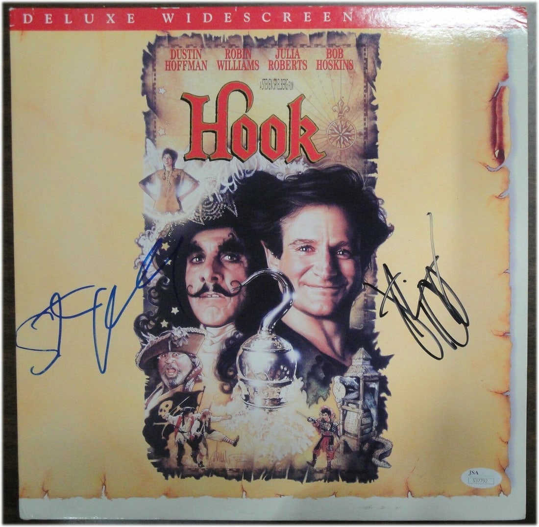 Dual Signed Hook Laser Disk by Spielberg and Hoffman JSA Certified: Dual Signed Hook Laser Disk by Spielberg and Hoffman JSA Certified This impressive laser disk features dual signatures from renowned filmmaker Steven Spielberg and acclaimed actor Dustin Hoffman, both
