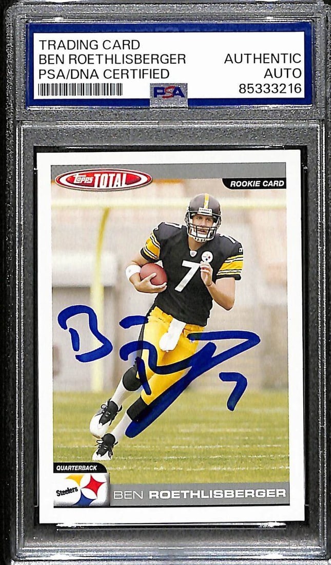 Ben Roethlisberger Signed 2004 Topps Total Rookie Card #375 PSA 192513: Ben Roethlisberger Signed 2004 Topps Total Rookie Card #375 PSA 192513 This is an original signed rookie trading card of Ben Roethlisberger from the 2004 Topps Total series, identified as card number