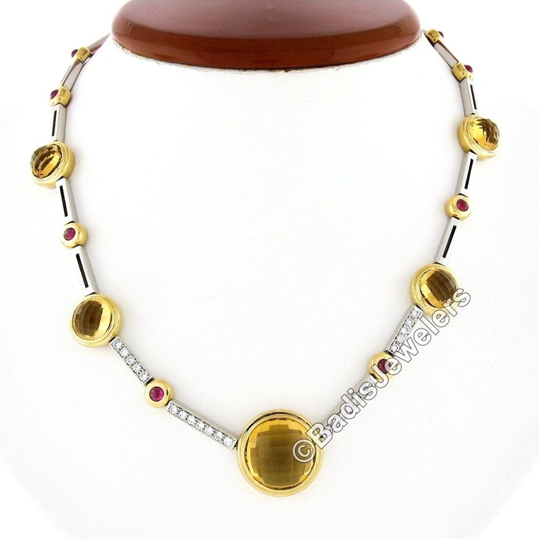 18K Multi-Tone Gold Round Bezel Citrine Diamond Ruby 16.5" Fancy Link Necklace: 18K Multi-Tone Gold Round Bezel Citrine Diamond Ruby 16.5" Fancy Link Necklace This exquisite 18K Two Tone Gold Necklace by Antonini features a stunning arrangement of natural gemstones. The centerpie