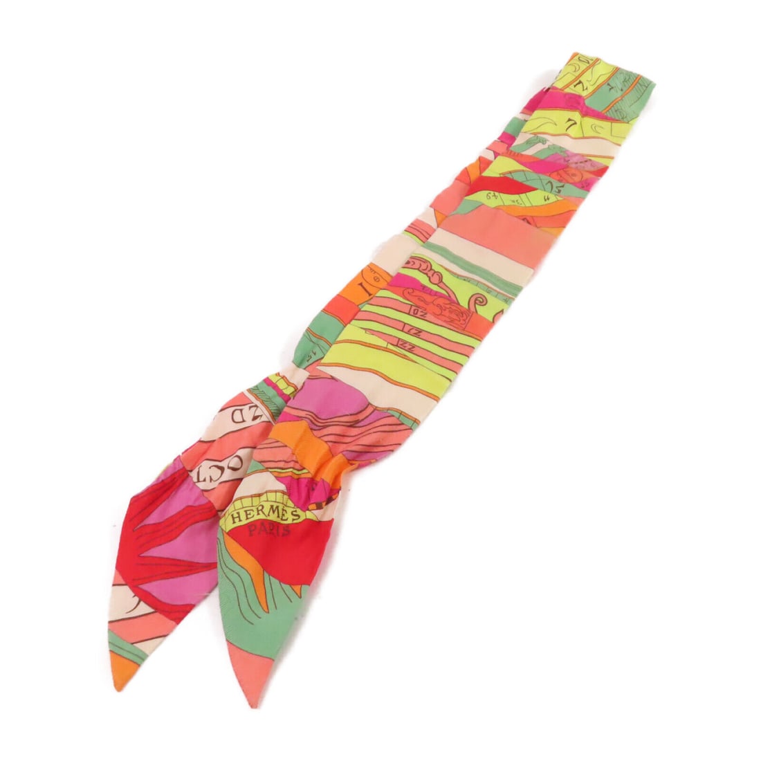 HERMES Twilly Scarf Silk Orange: HERMES Twilly Scarf Silk Orange This exquisite Hermes Twilly scarf is crafted from high-quality silk, showcasing vibrant colors in shades of orange and pink, beautifully combined with multi-colored pa