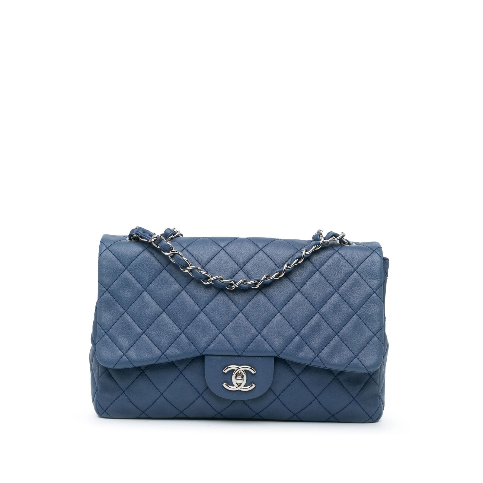 Chanel Jumbo Classic Caviar Blue Leather Flap Bag 8cm Depth 58cm Drop: Chanel Jumbo Classic Caviar Blue Leather Flap Bag 8cm Depth 58cm Drop This Chanel Jumbo Classic Caviar Single Flap Bag is a stylish shoulder bag crafted from luxurious quilted caviar leather in a stri