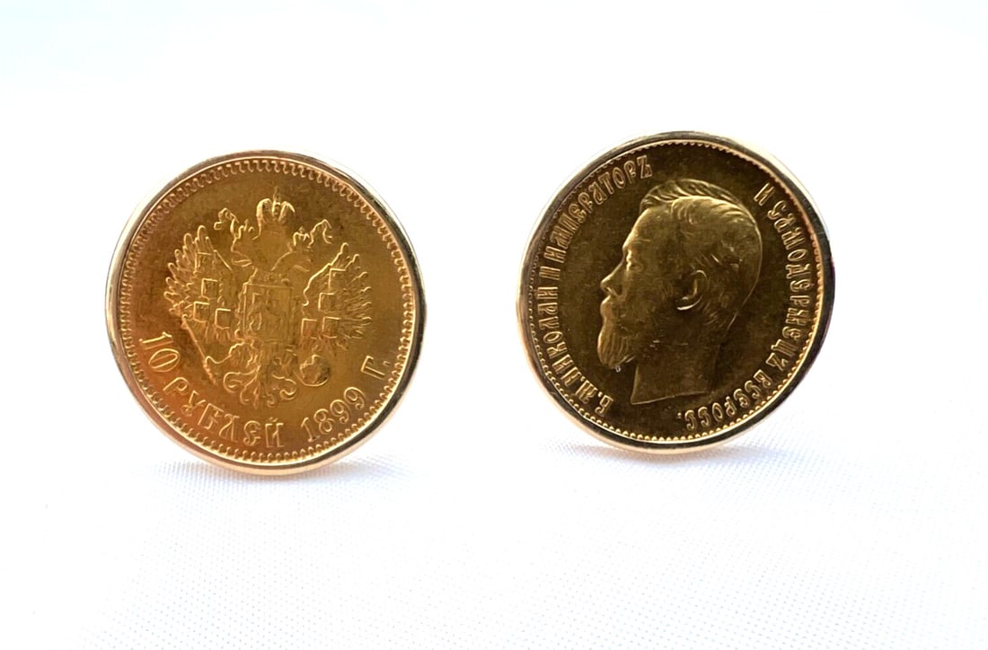 Russian 22K Gold Cufflinks with 14K Frame: Russian 22K Gold Cufflinks with 14K Frame This exquisite pair of cufflinks features authentic Russian 22K yellow gold Nicholas II 10 rubles coins, dated 1899 and 1902. The cufflinks are elegantly fram
