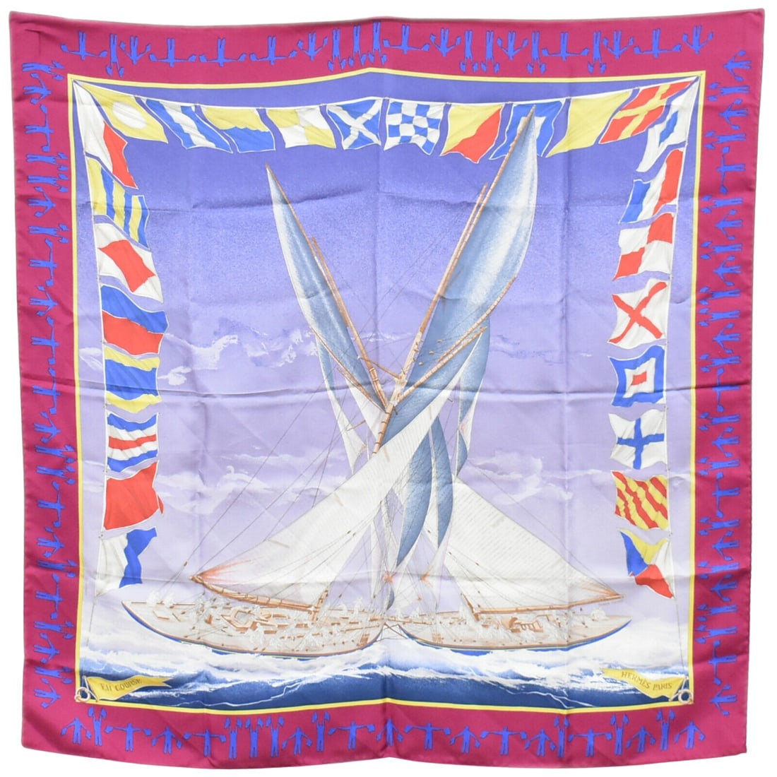 Hermes Purple Silk Scarf with Sailing Ship Design: Hermes Purple Silk Scarf with Sailing Ship Design This exquisite Hermes silk scarf showcases a beautifully designed sailing ship with two sails, elegantly surrounded by nautical flags and a decorative