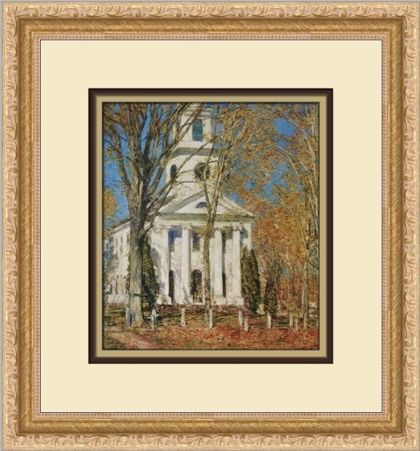 Childe Hassam Church in Old Lyme Fall Print 14 x 13 Gold Framed: Childe Hassam Church in Old Lyme Fall Print 14 x 13 Gold Framed This striking custom framed print, titled "Church in Old Lyme in Fall", features the artwork of renowned artist Childe Hassam. The piece