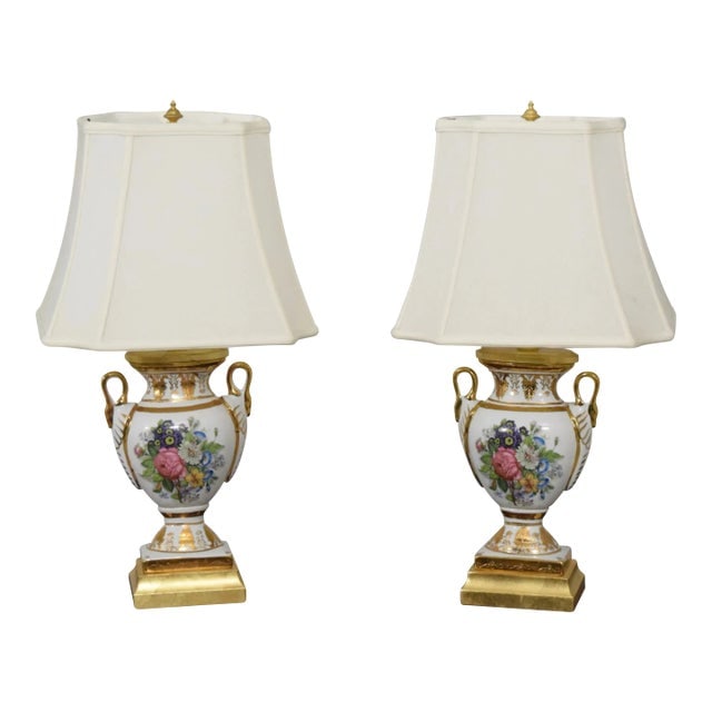 Pair Floral Painted Regency Style Urn Table Lamps: Pair Floral Painted Regency Style Urn Table Lamps Illuminate your space with this exquisite pair of Frederick Cooper Floral Regency Urn Table Lamps, showcasing stunning floral painted details and qual