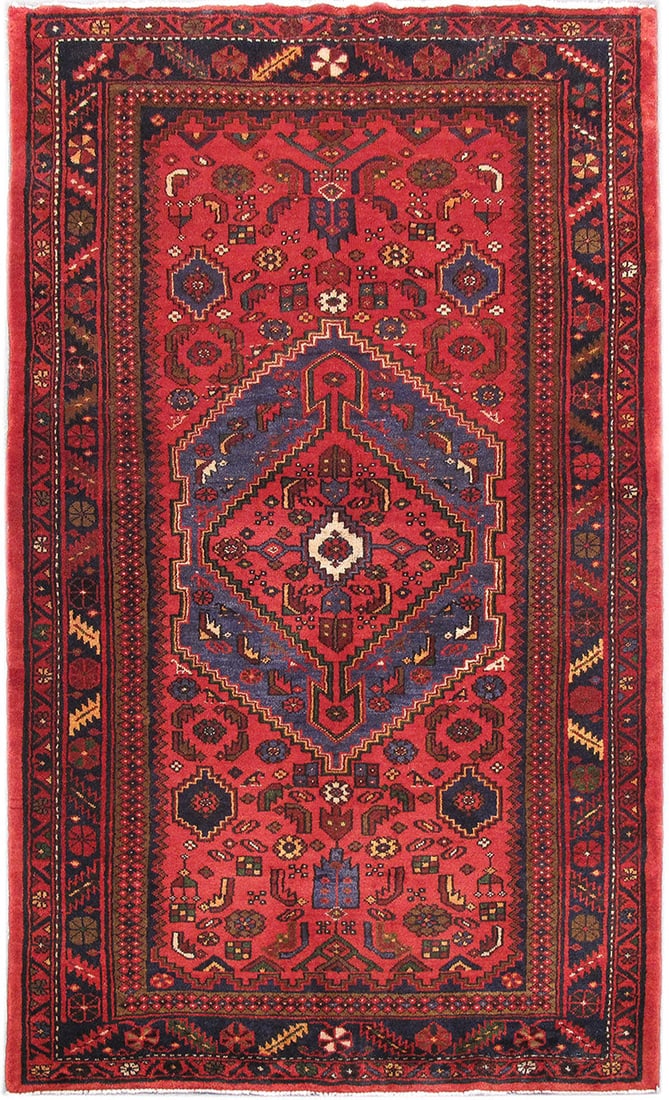 Handcrafted 4.5 x 7.3 Red Persian Hamadan Area Rug: Handcrafted 4.5 x 7.3 Red Persian Hamadan Area Rug Elevate your home decor with this exquisite 4.5 x 7.3 Red Persian Hamadan Rug, handcrafted by skilled Persian artisans. This rug features traditional