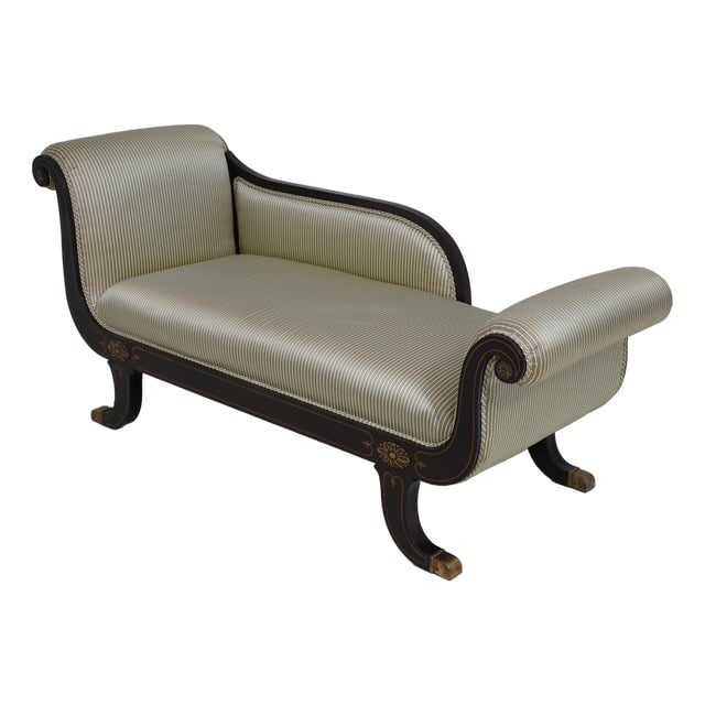 Vintage 1950s Regency Chaise Lounge 70" Brown Upholstered: Vintage 1950s Regency Chaise Lounge 70" Brown Upholstered This Vintage Regency Style Recamier Chaise Lounge is a stunning piece that showcases exquisite craftsmanship and elegant design. Approximately