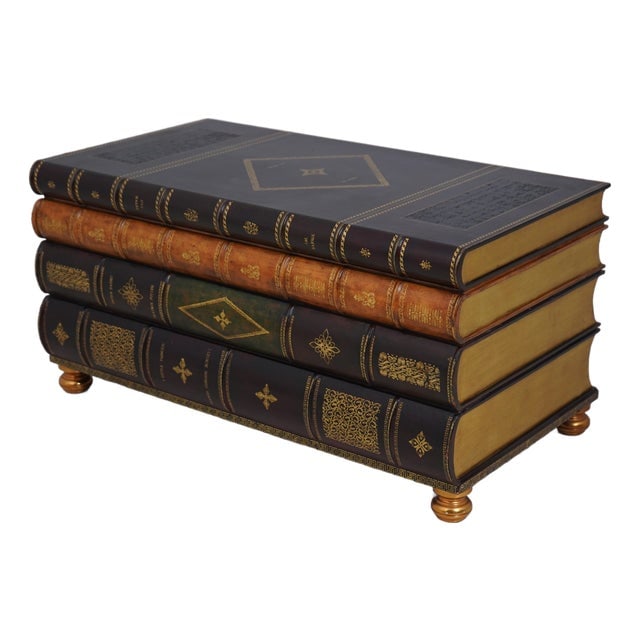 Leather Wrapped Faux Book Coffee Table: Leather Wrapped Faux Book Coffee Table This exquisite Maitland Smith coffee table features a unique leather-wrapped design that resembles a stack of decorative books. Crafted approximately 25 years ag