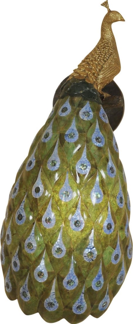 Elegant Peacock Wall Sconce with Shell Inlay: Elegant Peacock Wall Sconce with Shell Inlay Elevate your home decor with the exquisitely designed Traditional Peacock Wall Sconce, a stunning work of art by Maitland-Smith. This luxurious light fixtu