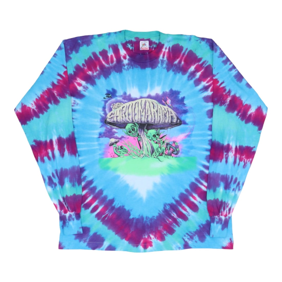 1990s Shroomarama Alien Mushroom Tie Dye XL Shirt 23.5" Pit to Pit: 1990s Shroomarama Alien Mushroom Tie Dye XL Shirt 23.5" Pit to Pit Step back into the vibrant 1990s with this original vintage Shroomarama Alien Mushroom Tie Dye Long Sleeve Shirt. This true vintage p