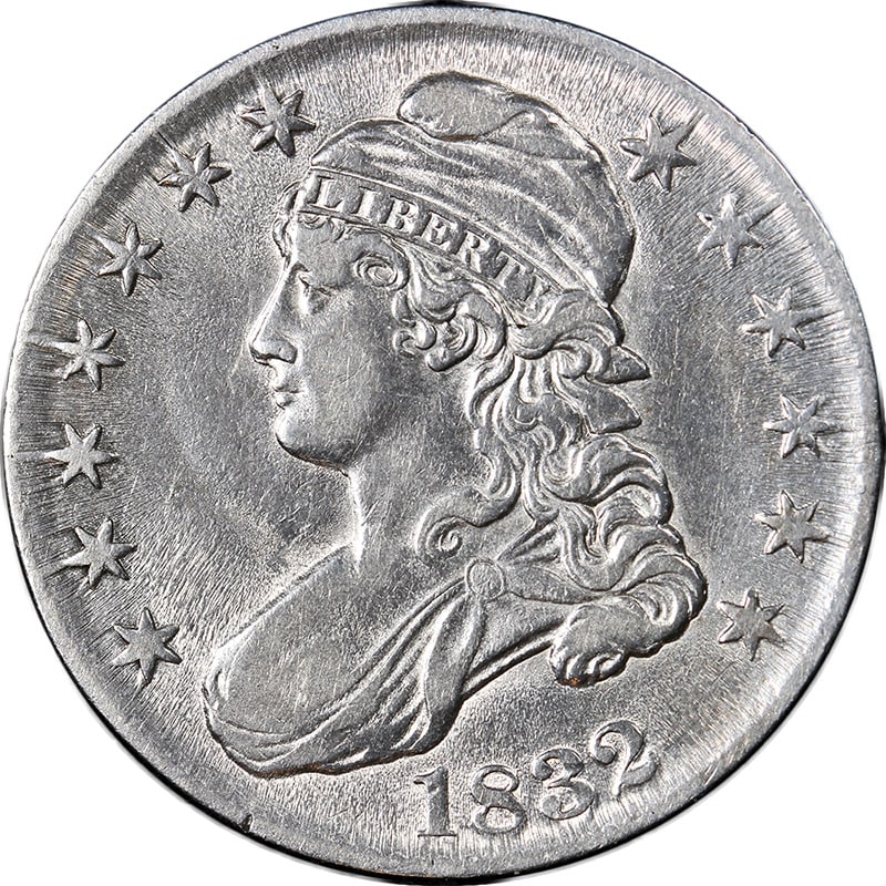 1832 Bust Half Dollar Choice AU+ Silver: 1832 Bust Half Dollar Choice AU+ Silver This 1832 Bust Half Dollar is a remarkable piece of history, showcasing the profile of a woman adorned with a cap, symbolizing liberty. The coin is circulated a